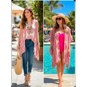 Angie Pink Paisley Kimono Wrap Womens Small Boho Open Front Cardigan Cover Up